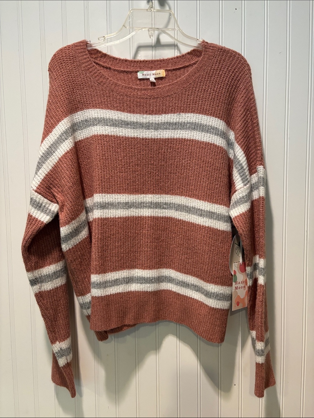 NWT Hazel Moon Rusty Mauve and Gray Striped Crewneck Sweater Size xL